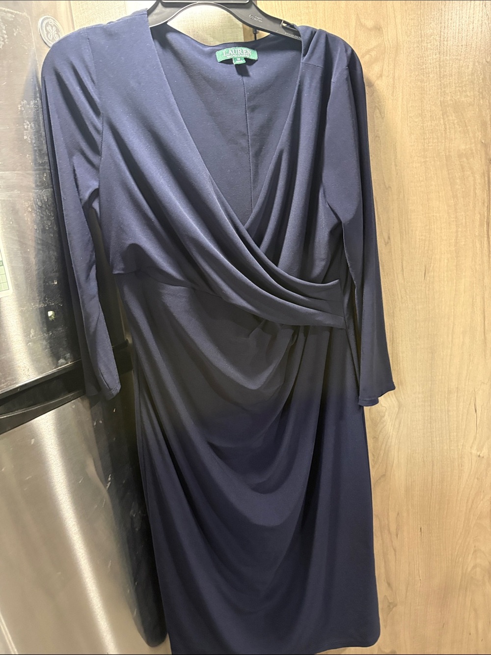 Lauren Ralph Lauren Navy Draped Wrap-Front Long Sleeve Dress